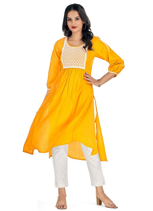 Rayon Yellow Daily Wear Embroidery Work Readymade Kurti With Bottom